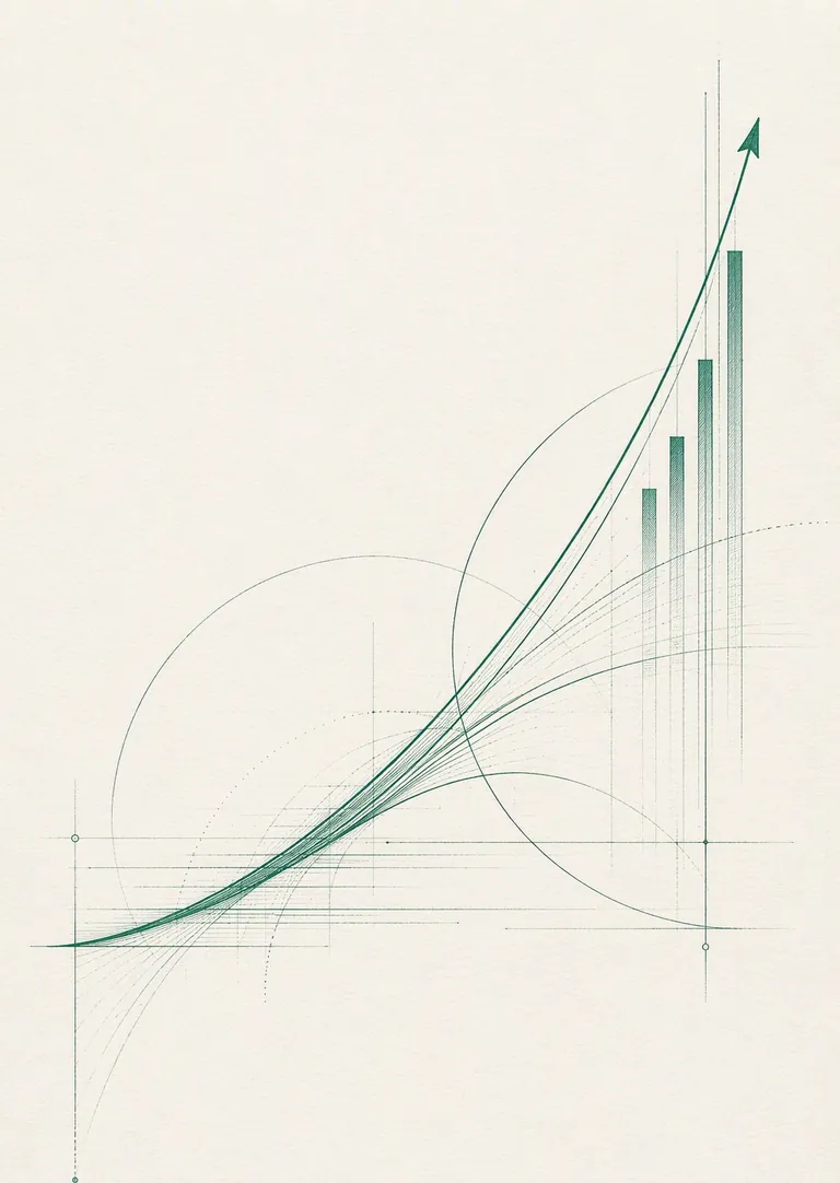 Editorial ink illustration of an ascending growth curve in deep emerald on warm cream paper